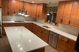 Kitchen with brown cabinets