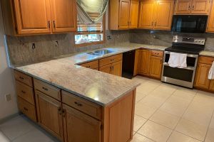 Granite countertop in a large kitchen