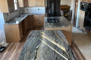 Kitchen with brown cabinets